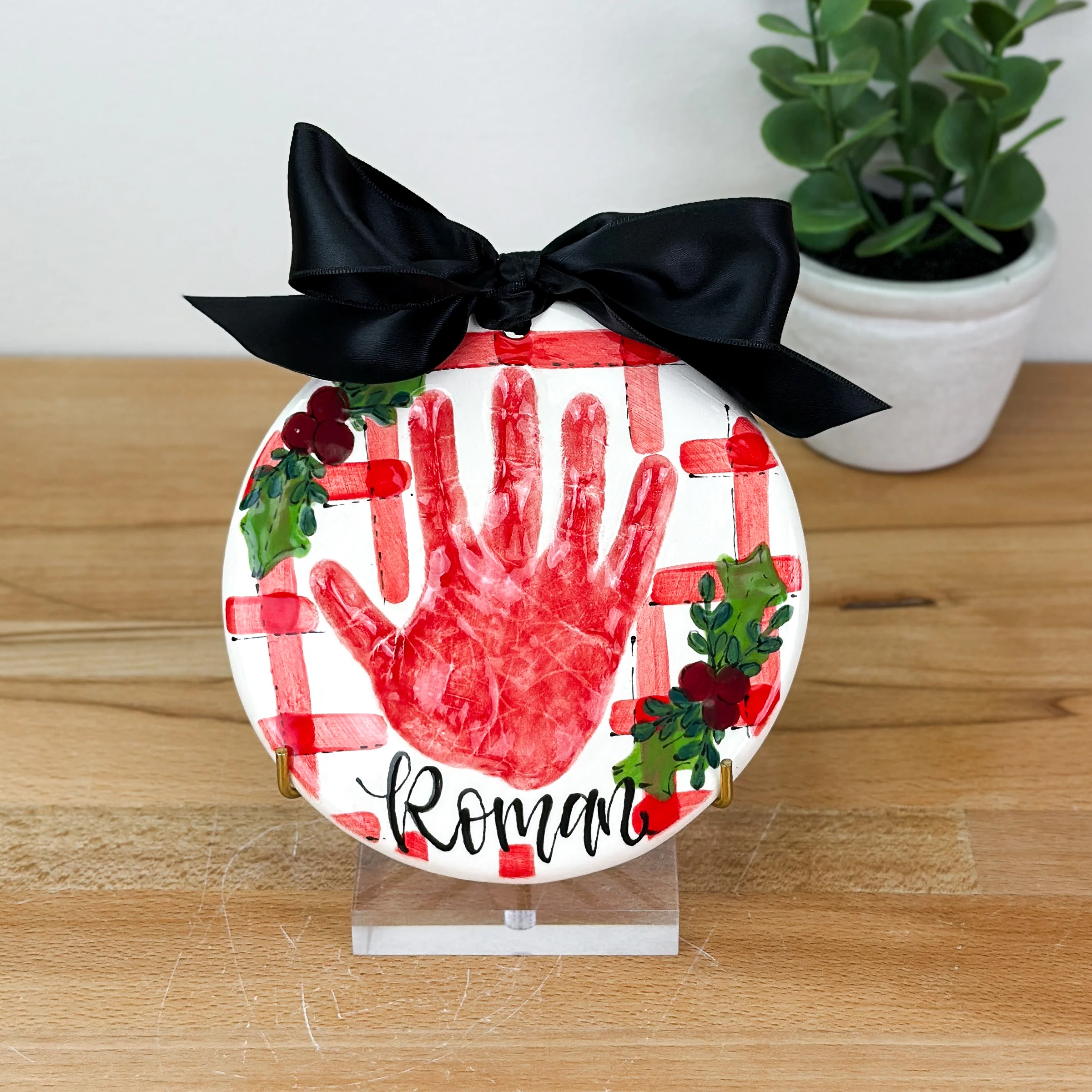 Holly Gingham 6 Clay Ornament